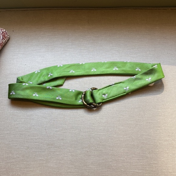 Embroidered Pink Tennis Racquets on Green Silk Belt J Crew - Picture 5 of 5